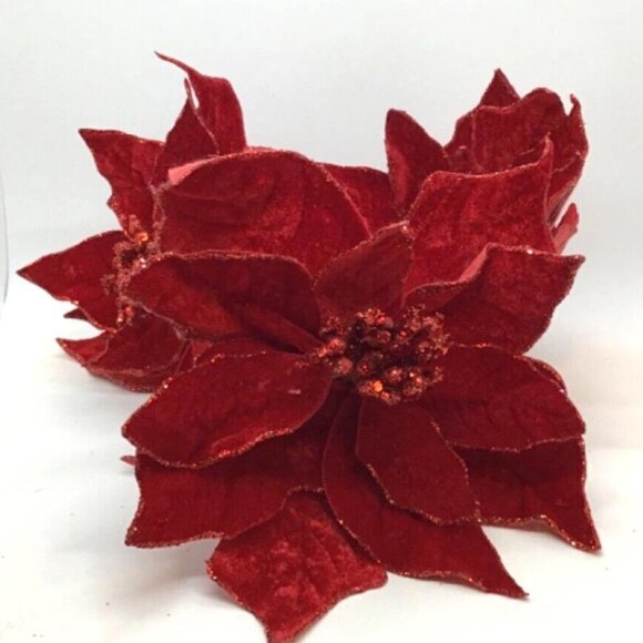 2 Red Poinsettia Felt Christmas Pick Ornament Flower Arrangement - Picture 4 of 4